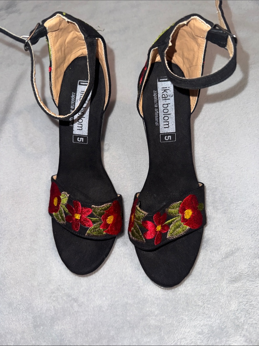 Black Ankle-Strap Heels with Red Floral Embroidery by
